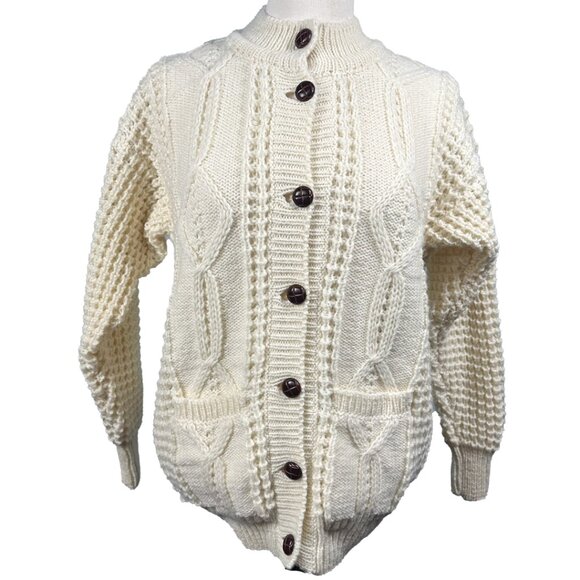 Blarney Woollen Mills Cardigan Sweater L 100% Wool Cream Cable Knit Ireland - Picture 1 of 7